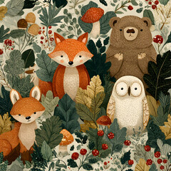 Cute baby cartoon animal seamless vector pattern set with owl, bear, dog, rabbit, pig, cat, fox, and squirrel illustration design