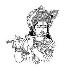 Obraz premium A beautiful black and white line art illustration of the Hindu god Lord Krishna playing his traditional flute.