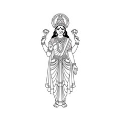 Obraz premium A line art illustration of the Hindu goddess Lakshmi, depicted with four arms, holding lotus flowers and jewels, adorned in traditional Indian attire and jew...