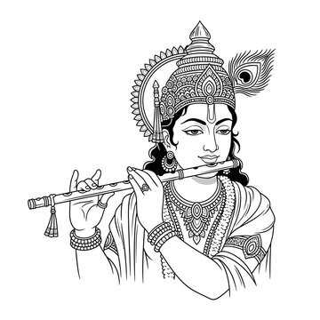 krishna playing flute black and white clip art preview