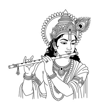 krishna playing flute black and white clip art preview