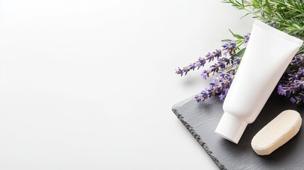 A tube of foot cream on a slate tray, surrounded by lavender sprigs and a pumice stone, in a minimalist style with a clean background, showcasing soothing and rejuvenating foot care routines ,