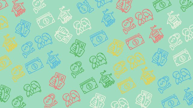 Seamless looping pattern featuring colorful hand-drawn doodles of financial symbols such as banks, dollar bills, keys, contracts, and business partners.