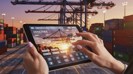 Hands interact with a tablet displaying a shipping logistics interface at a port terminal - Powered by Adobe