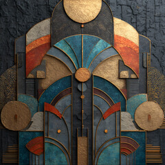 Grungy urban graffiti art on an old wooden door of a brick city building