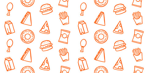 Seamless Fast Food Doodle Pattern. Orange Outline Vector Illustration of Junk Food Icons: Burger, Pizza, Fries, Donut, and Chicken for Cafe Menu, Packaging, and Restaurant Backgrounds