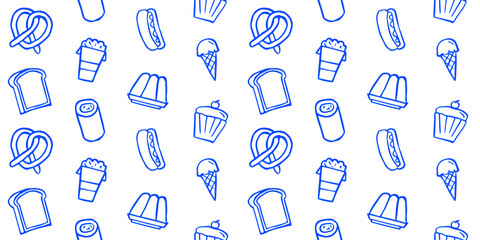 Seamless Doodle Fast Food and Snack Pattern. Outline Vector Illustration of Junk Food Icons: Pretzel, Hotdog, Ice Cream, Cake, and Soft Drink for Background, Fabric, and Print Designs