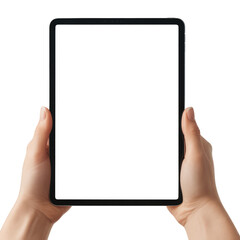 hands holding a vertical tablet with a blank white screen for mockup. Isolated on transparent background