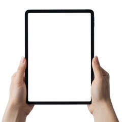 hands holding a vertical tablet with a blank white screen for mockup. Isolated on transparent background