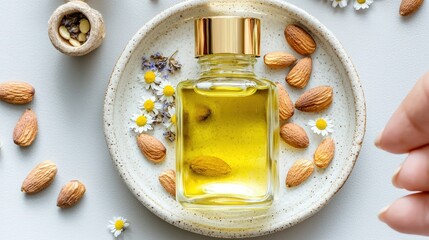 A glass bottle of body oil on a ceramic plate, surrounded by dried chamomile flowers and almonds, in a minimalist style with a clean background, emphasizing relaxation and hydration for the skin ,