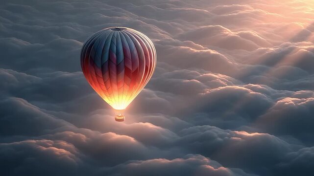 Hot Air Balloon Crossing Clouds Bathed in Golden Sunlight