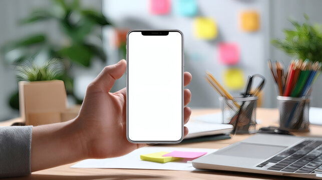 Mockup a phone with a white screen in male hands in an office setting with a laptop computer, papers, pencils, sticky notes, and a desk, plant in the background - Powered by Adobe