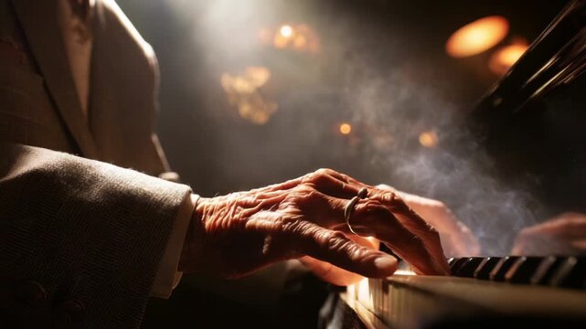 A Musically Engaging Moment: An Elderly Pianist's Hands Gracefully Dance Over the Keys While Enveloped in an Enigmatic, Smoky Atmosphere that Evokes Timeless Melodies
