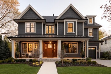 Obraz premium A large modern house with a welcoming front porch and landscaped yard.