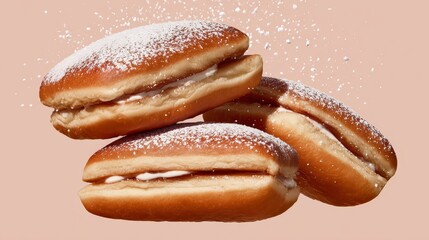 Delicious trio of freshly baked donuts generously dusted with sweet powdered sugar irresistible dessert treat.
