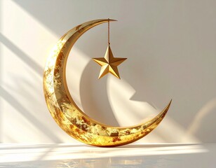 3D crescent moon and star Ramadhan concept on white