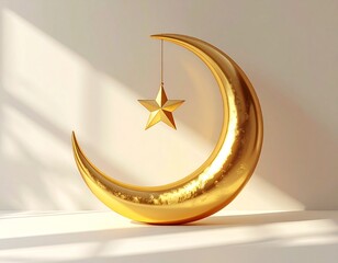 Golden 3D crescent with star on sunrise
