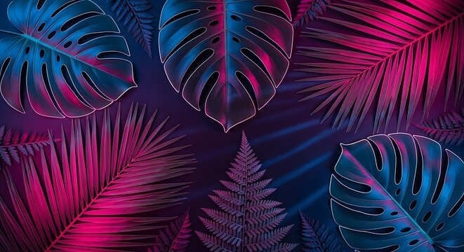 Creative fluorescent color layout made of tropical leaves. Flat lay neon colors. Nature concept.