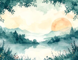 Fototapeta premium Watercolor landscape of a serene lake at sunset, framed by foliage