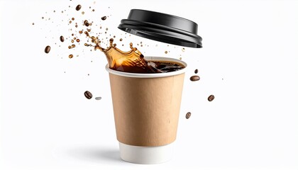 Coffee cup splash with beans and lid exploding on a white background.