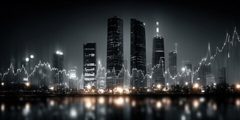 Double exposure image of a business stock chart overlaid with a city view