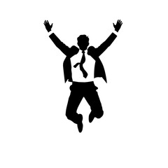 Silhouette of a man in a suit jumping with arms raised in a gesture of success or celebration.