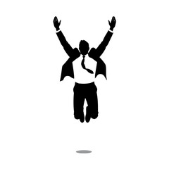 Silhouette of a businessman jumping with arms raised in celebration, against a white background.
