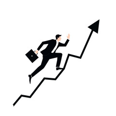 A businessman in a suit climbing a graph, representing success and growth.
