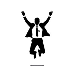 Silhouette of a businessman jumping in the air, celebrating success with arms raised.