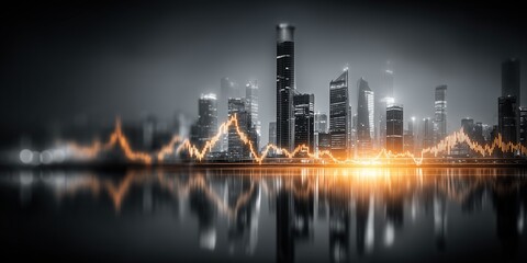 Double exposure image of a business stock chart overlaid with a city view