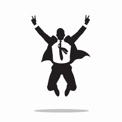 Silhouette of a successful businessman jumping with joy, celebrating achievement.
