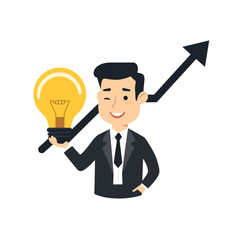 A smiling businessman holding a lightbulb, with an upward-trending arrow.