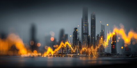 Double exposure image of a business stock chart overlaid with a city view