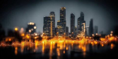 Double exposure image of a business stock chart overlaid with a city view