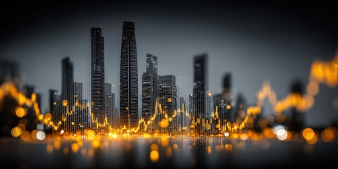 Double exposure image of a business stock chart overlaid with a city view