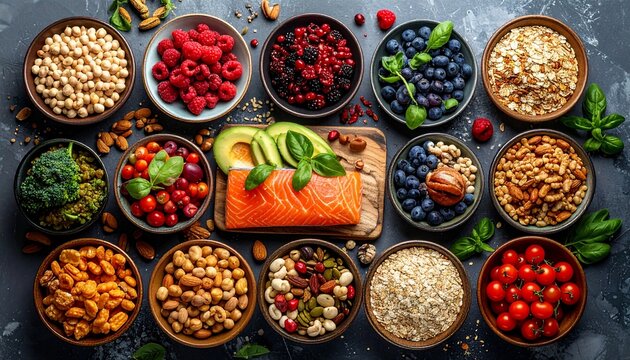 Colorful array of healthy superfoods for a balanced diet and wellbeing.