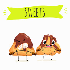 Tasty ice creams, ice-cream cones and popsicle, funny characters, hand drawn vector illustration.