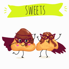 Tasty ice creams, ice-cream cones and popsicle, funny characters, hand drawn vector illustration.