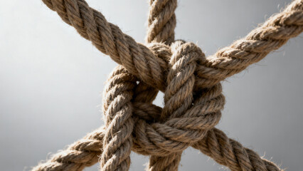 Fototapeta premium Abstract close-up of intertwined ropes symbolizing unity, with textured fibers under soft directional lighting. wellbeing guides.