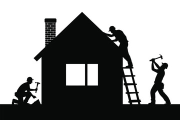 Fototapeta premium Builders constructing house with hammers and ladders construction roof