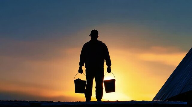 A silhouette of a person carrying two buckets against a breathtaking sunset backdrop, capturing the beauty of nature and the simplicity of daily life in one stunning image.