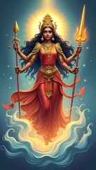 Fototapeta premium Durga Maa in glowing golden armor, holding trident and sword, emerging from radiant light waves, symbol of feminine power and courage, modern spiritual illustration.