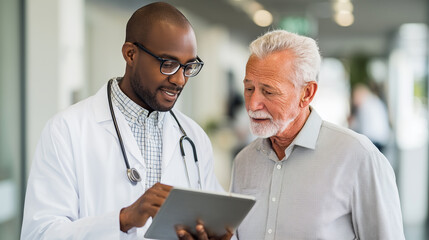black male doctor wearing glasses, white coat, using an ipad showing medical documents on screen to patient, standing in clinic facing each other. the elderly man look focused, as if discussing a heal