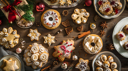 Fototapeta premium Overhead View of a Variety of Christmas Cookies and Decorations