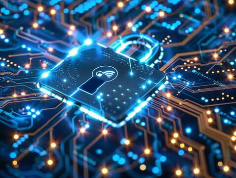 Digital Padlock on Glowing Circuit Board digital security