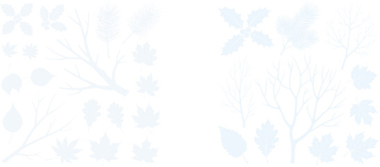 Obraz premium Winter and Autumn Foliage Silhouettes | Frosted Seasonal Leaves and Bare Tree Branch Shapes