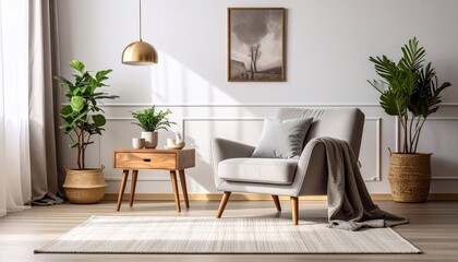 Cozy Living Room Armchair with Plants, and Golden Light, and Home Interior Decor.