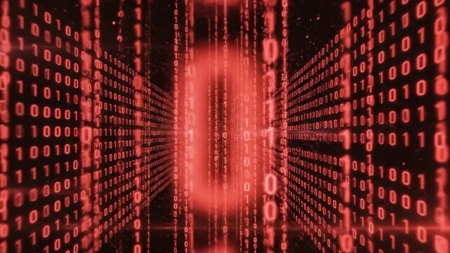 Red glowing binary code cascading in a dark space, representing data flow - Powered by Adobe