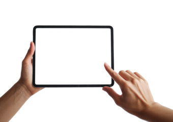 Hands holding a digital tablet with a blank screen, finger tapping it. Isolated on transparent background