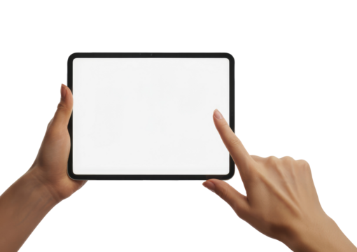 Hands holding a digital tablet with a blank screen, finger tapping it. Isolated on transparent background